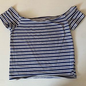 Off the shoulder shirt, with black navy blue and white strips